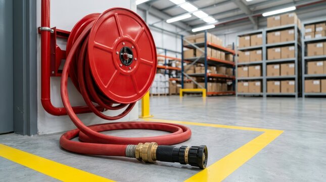 Fire Safety Equipment in Warehouse with Red Hose Coiled Neatly Against the Wall and Shelving in Background