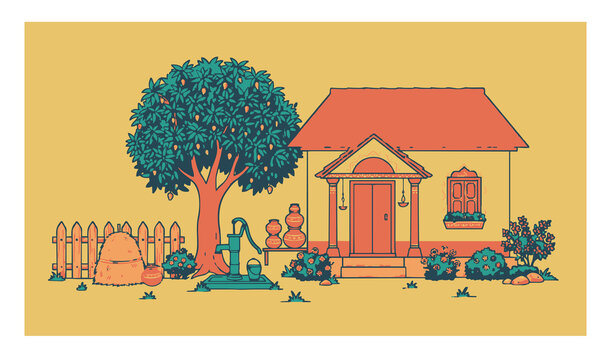 Untitled design - 2Indian rural house vector illustration with mango tree water pump and village elements