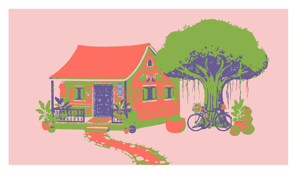 Untitled design - 3Cute Indian village house vector cartoon with banyan tree rural elements for children
