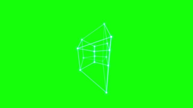 Wireframe geometric cube shape rotating on a green screen background a 3D