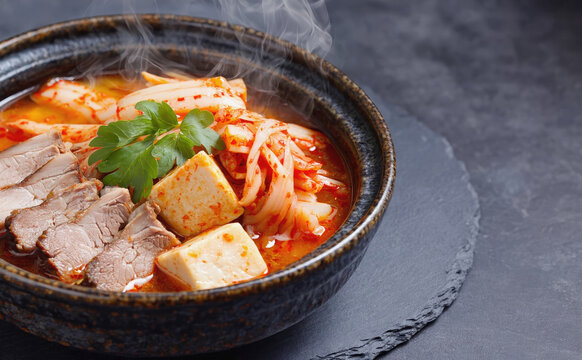 Steaming spicy Korean soup with sliced meat, tofu, and napa cabbage in a rustic bowl. Comfort food concept for restaurant menu and culinary promotion.