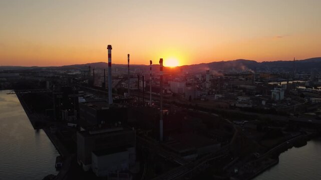 Aerial view of the industrial area of Linz, Upper Austria at sunset