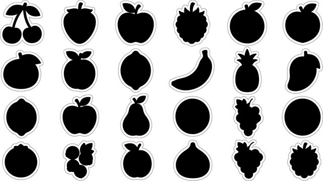 Collection of black silhouette fruit icons on white background isolated on transparent background