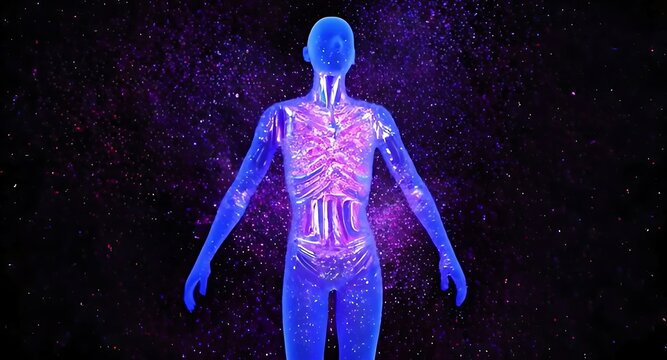 A glowing human silhouette displaying internal energy pathways against a dark textured background of deep space