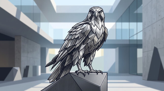 Geometric Metallic Hawk Sculpture on Faceted Pedestal