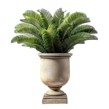 decorative palm-like cycas plant in a classic concrete urn cutout isolated illustration cutout isolated illustration on transparent background