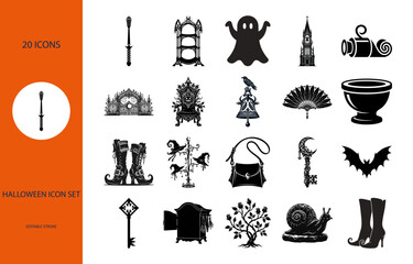 Naklejka premium Gothic Halloween Icon Set with Ghosts, Boots, Keys, Bats and Vintage Decorations