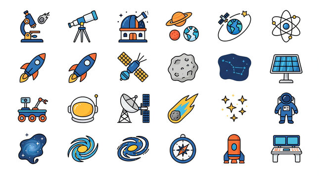 Space exploration icon set, 24 astronomy and science vector symbols, flat line galaxy and rocket ship illustrations
