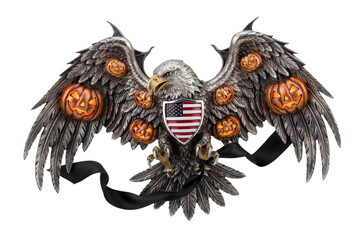 Fototapeta premium 3D rendering of American eagle with pumpkin wings and US flag shield isolated on transparent background