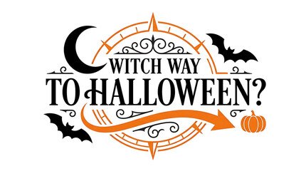 Obraz premium Halloween witch broomstick with pumpkins and bats