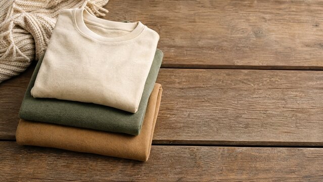 Folded organic cotton clothing without tags on a wooden bench