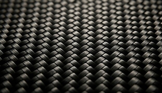 Macro shot of dark carbon fiber weave texture pattern with soft lighting