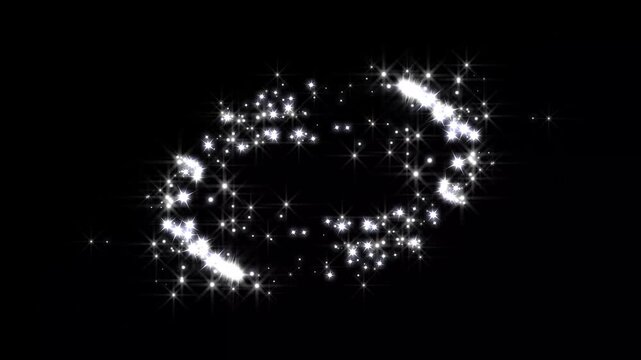 Glitter sparkle star twinkle animation motion graphics on black screen background, glowing stars with blinking shine rays sparkle transition effect, fantasy light motion background, 4k seamless loop