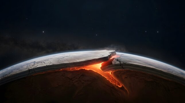 Planet, space and destruction with glowing lava as earth cracks for apocalyptic concept, disaster and cosmic explosion. Global warming, catastrophe and galaxy background with hot shining magma.