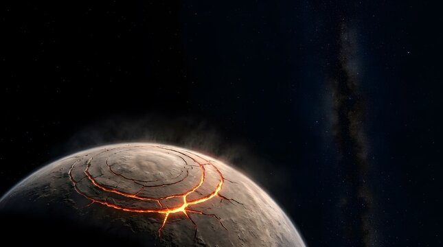 Planet with lava, magma cracks and outer space for science fiction, apocalypse and cinematic background. Glowing core, celestial sphere and cosmic disaster for wallpaper, film and gaming media