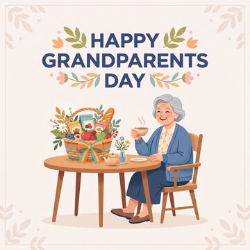 Happy grandparents day illustration featuring an elderly woman sitting at a round wooden table enjoying a warm cup of herbal tea with a gift basket