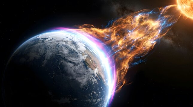 Solar flare, earth and sun with magnetic field for astronomy, global warming and space disaster. Planet, fire and radiation with coronal mass ejection, atmosphere and heat for science research web