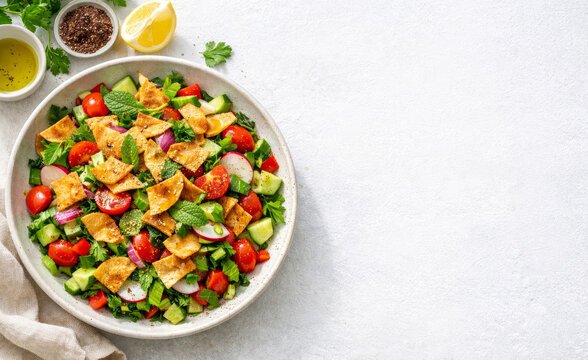 Fresh fattoush salad with chopped vegetables, herbs, toasted pita and lemon dressing. Healthy Middle Eastern meal with copy space for recipe, menu and food blog design