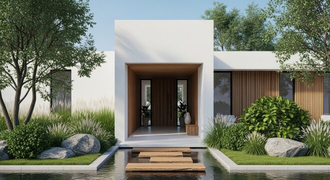 Modern luxury home entrance with water feature and natural landscaping