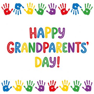 Happy grandparents day text illustration decorated with vibrant colorful handprints in a playful style isolated on a pure white background for holiday greeting card designs
