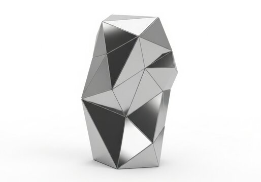 Geometric silver sculpture with sharp edges and reflections advertising