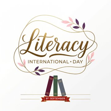 Elegant typography for international literacy day celebration featuring artistic golden swirls and colorful floral elements combined with three vintage books standing on a white background design
