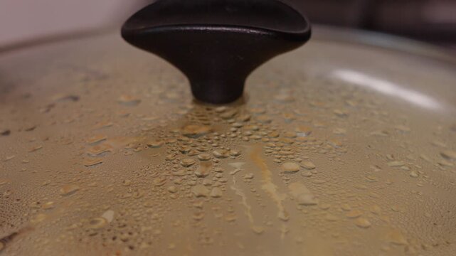 Close-up of Condensation on Glass Pot Lid during Cooking