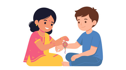 Fototapeta premium Sister tying rakhi thread on brother wrist cartoon character illustration for indian festival raksha bandhan celebration