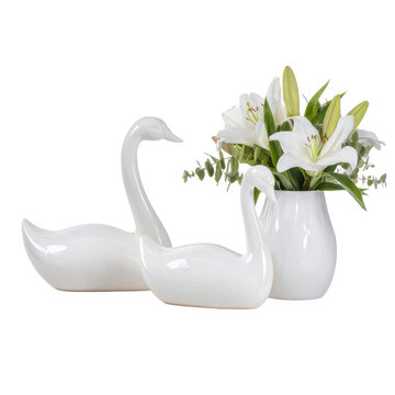 decorative set of two white ceramic swan figurines, cutout isolated illustration cutout cutout isolated illustration on transparent background
