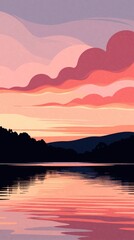 Fototapeta premium Peaceful lake reflects vibrant sunset sky with dramatic clouds. Silhouetted hills and trees border calm water. This minimalist artwork suggests tranquil nature and evening serenity.