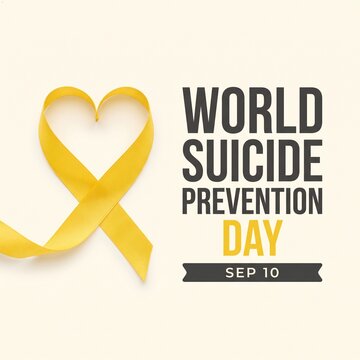 Yellow satin ribbon shaped like a heart positioned next to bold dark text commemorating world suicide prevention day held annually on the tenth of september