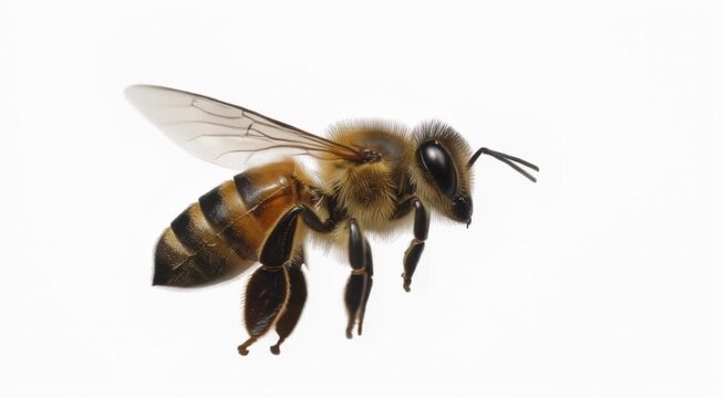 A single honey bee flying with wings spread wide showing detailed stripes and fuzzy hair on its body in a natural close up macro shot