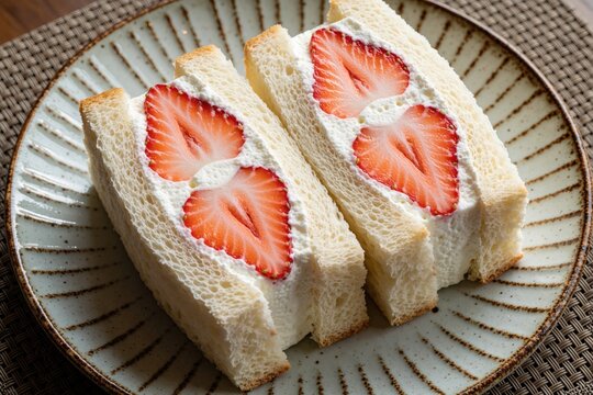 Two pieces of strawberry cream sandwich on ceramic plate. Fresh red strawberries, thick white whipped cream inside soft milk bread. Sweet Japanese fruit sando dessert served for breakfast snack at