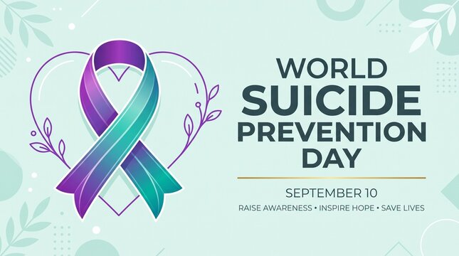 Purple and teal ribbon graphic for world suicide prevention day featuring a stylized heart icon and elegant typography on a soft light green background design element