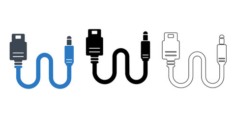 Fototapeta premium Audio Cable Connector Icons Set, Electronic Signal Cables with Plug and Jack Connectors for Music and Technology Equipment, Blue Black and Gray Vector SVG File