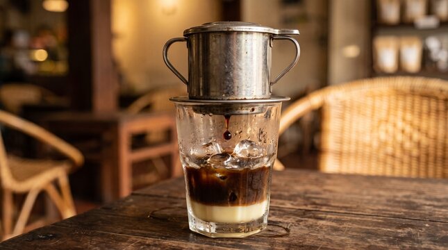 C&agrave; ph&ecirc; sữa đ&aacute; brewing slowly through a metal phin filter over ice