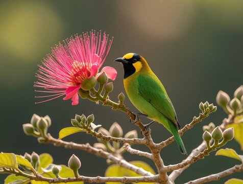 Golden leafbird perches on flowering tree branch with vibrant pink blossoms. Small green bird rests near unopened flower buds, natural habitat detail.