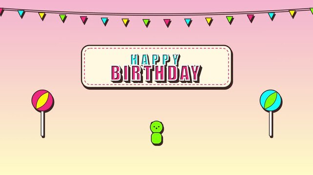 Happy Birthday celebration banner with bunting garland and colorful lollipops on a pink gradient background