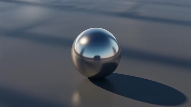 A highly reflective metallic sphere casting a long shadow on a dark, textured surface under soft lighting