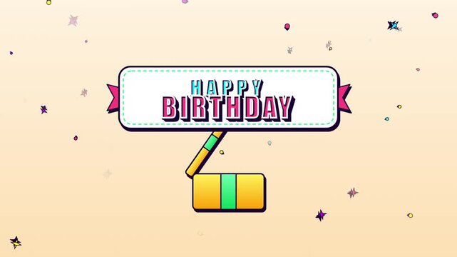 Happy Birthday greeting card vector animation with a pop up banner and falling confetti on a warm yellow background