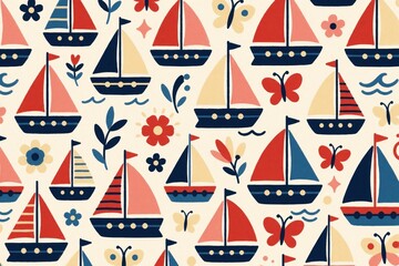 Obraz premium Childrens illustration of repeating sailboats with flowers and butterflies. This cute maritime pattern is perfect for kids decor textiles and summer invitations. Sailboats drift on wavy blue sea.