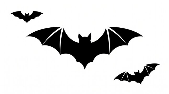 Flying bat silhouettes in black against clean white background for Halloween design elements