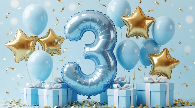 Third birthday party decoration with blue number three balloon. Gold star balloons, light blue balloons float above gift boxes with white ribbons. Golden confetti falls on light blue background for