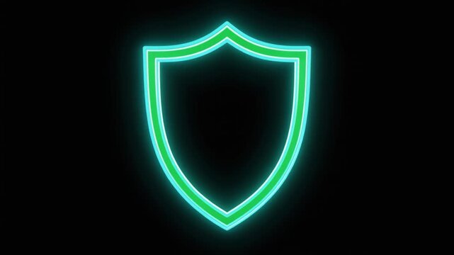 Neon Green Shield Outline on Black Background security protection