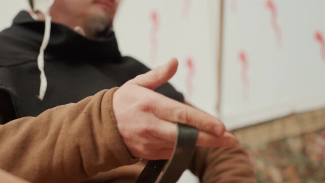 Close view of seated person using both hands to pull and fasten dark strap across chest, with visible finger movement, tightened grip, casual clothing, warm indoor light, and blurred background