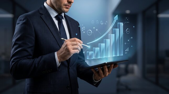 Businessman Analyzing Digital Growth Chart Hologram on Tablet, Financial Technology Concept