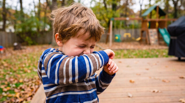 Little boy sneezing into his elbow outdoors in a park to prevent germ spread