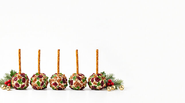 Mini cranberry pecan cheese ball bites on pretzel sticks with Christmas holiday decor stock photo&mdash;featuring a neat row of bite-sized gourmet cheese ball appetizers rolled in dried cranberries, crushed
