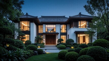 Fototapeta premium Luxurious modern home exterior at twilight nestled among green gardens. Large windows reveal warm interior lights, projecting serene atmosphere. Asian architectural influences merge with contemporary