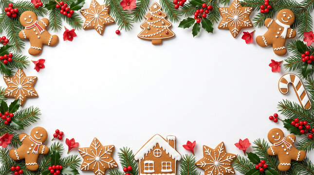 Christmas gingerbread cookies and evergreen branches frame background with empty center space stock photo&mdash;featuring an overhead flat lay arrangement of decorated gingerbread men, snowflake stars, a gi